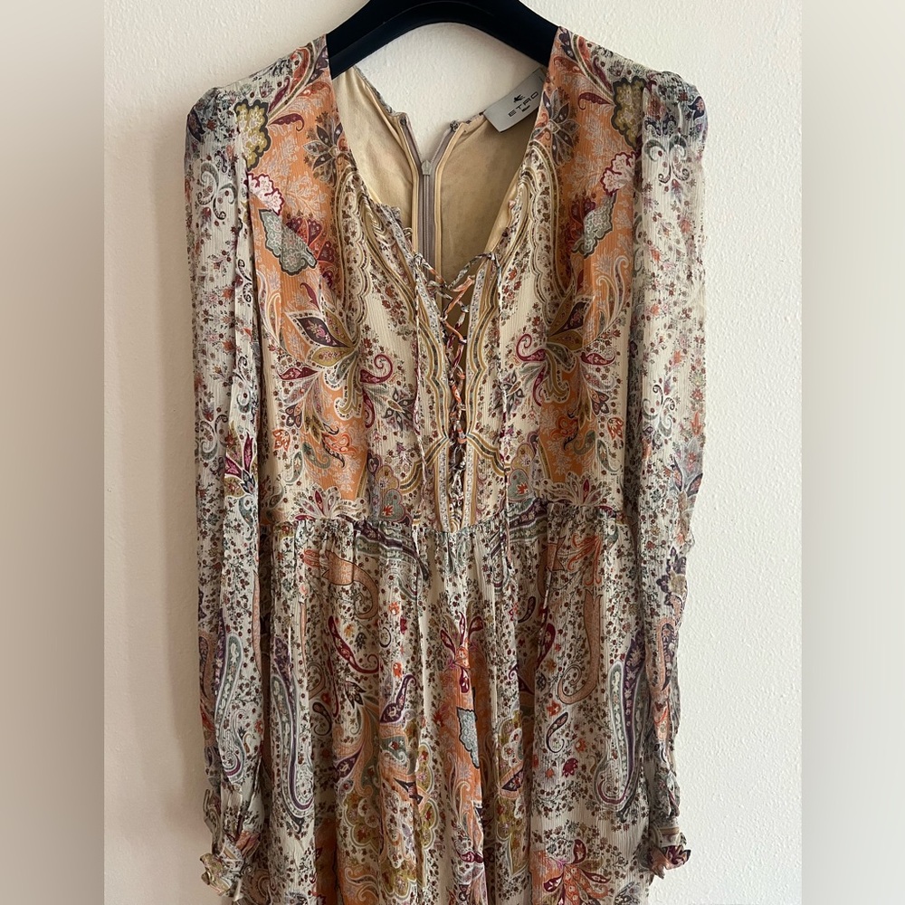 New Etro Milano Multicolor Paisley Print Chiffon Lace up dress Italy Size 40 - Picture 16 of 16